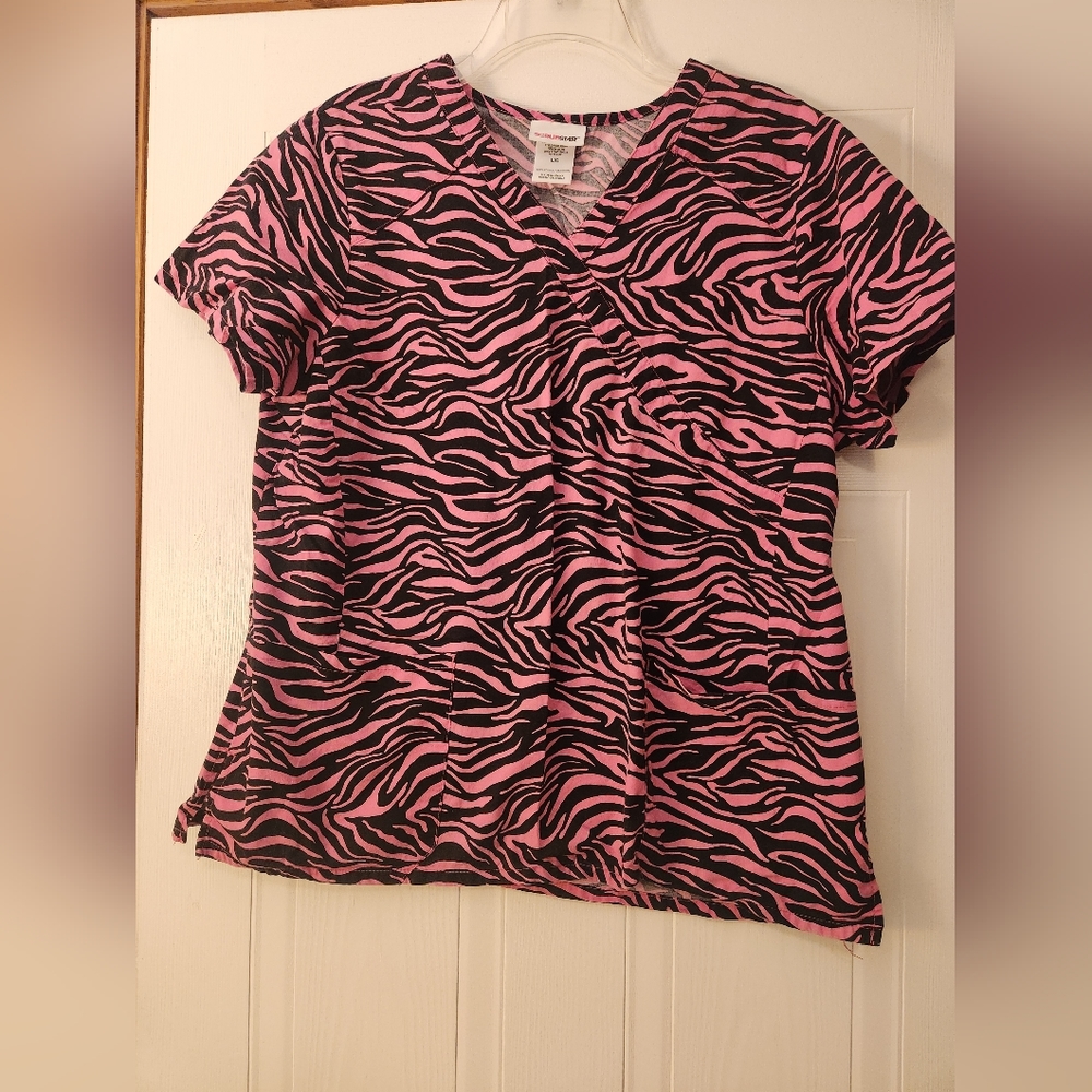 Pink zebra print scrub top L